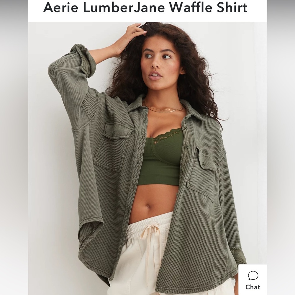 NWT Aerie LumberJane Waffle Shirt Size Large Olive Fun